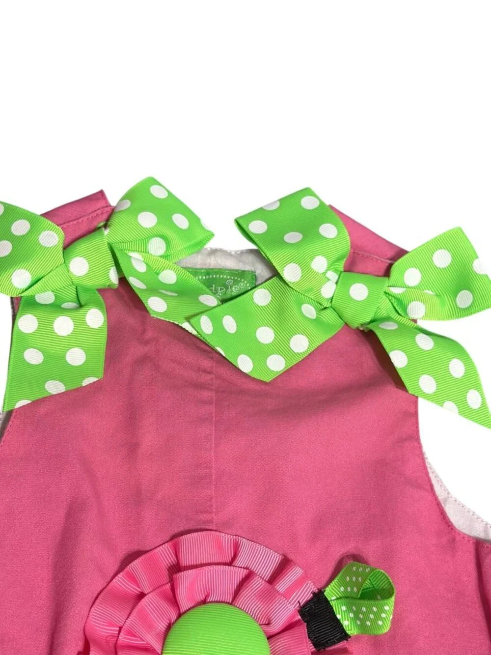 Mud Pie Pink Green Polka Dot Bow Romper Flower Ribbon Jumper Bubble 0-6 Months
